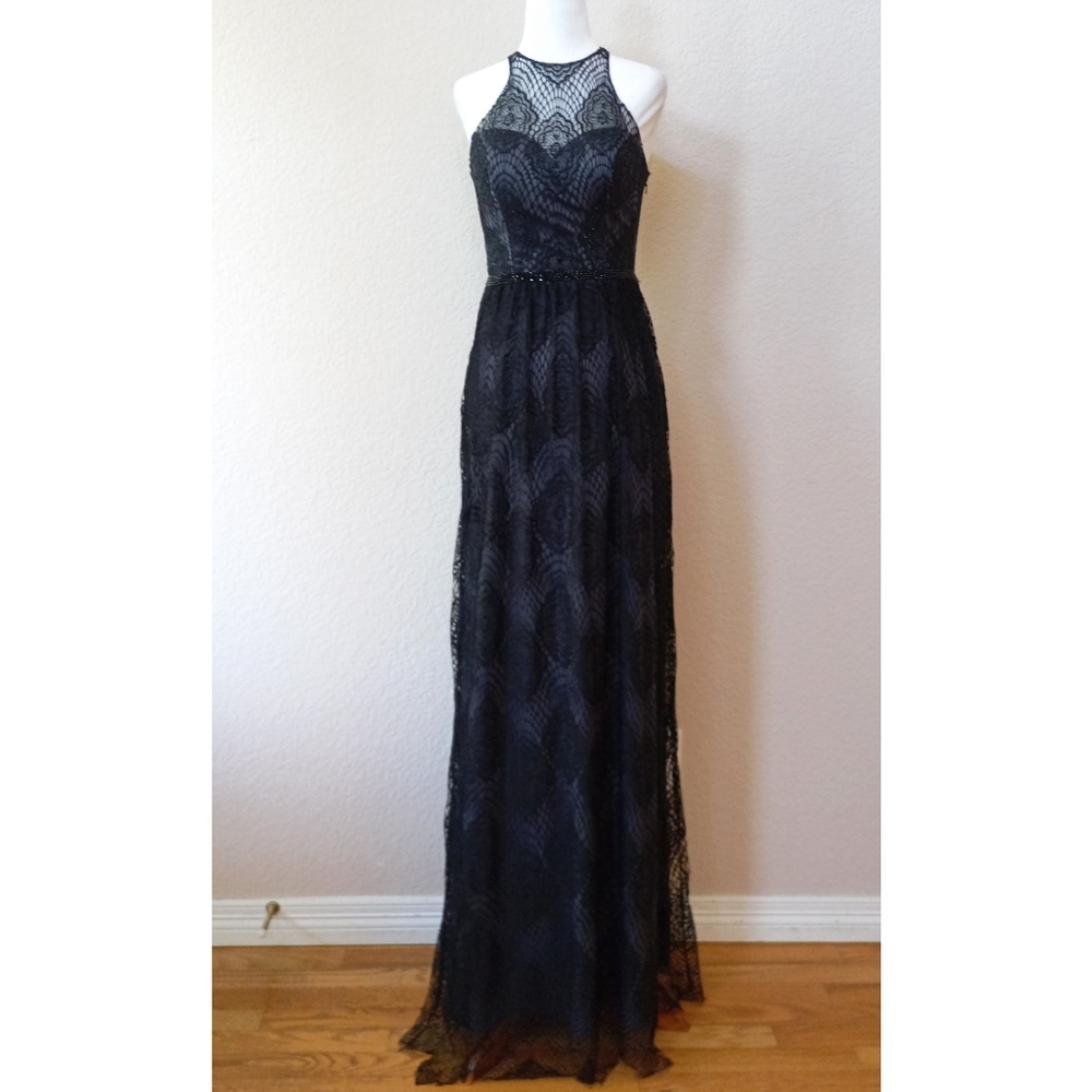 Milano Formals black and blue lace bejeweled gown